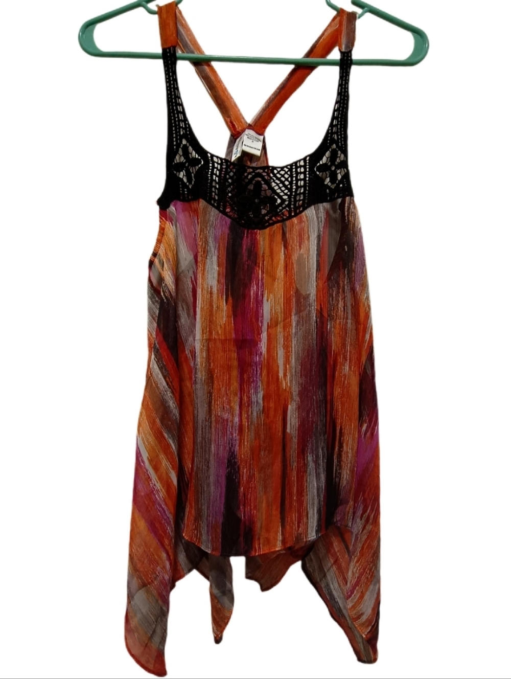 Full Tilt Multicolor Striped Tank with Black Crochet Yoke